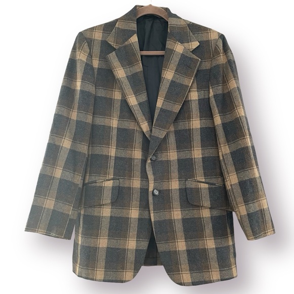 VINTAGE 70’s JOHNNY CARSON Wool Plaid Oversized Blazer Size 10 - Picture 1 of 4